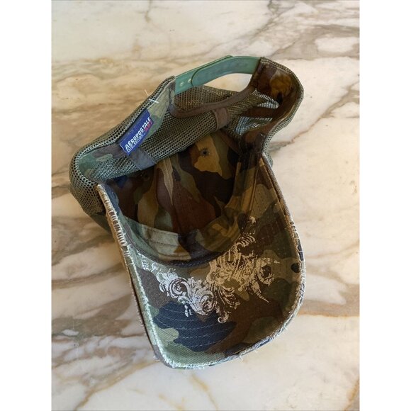 Camo Mesh Trucker Hat With Distressed Brim & Embroidered Eagle Design Adjustable - Picture 5 of 8